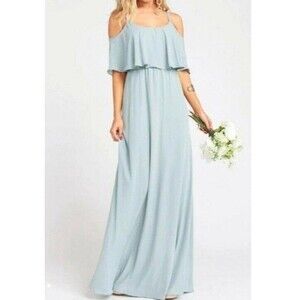 Show Me Your Mumu Caitlin Ruffle Dune Chiffon Bridesmaid Maxi Dress Blue XS